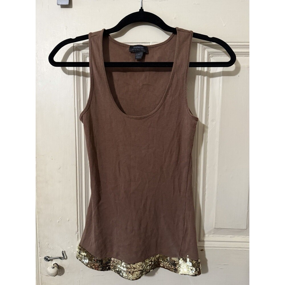 Express Y2K Pima Cotton Ribbed Tank Top Brown Gold Sequin Hem Medium
